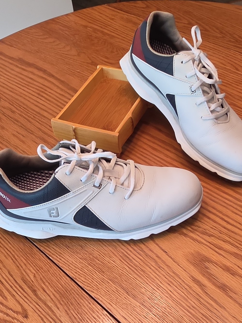 FootJoy Men’s White Leather Golf Shoes with Navy and Maroon Accents